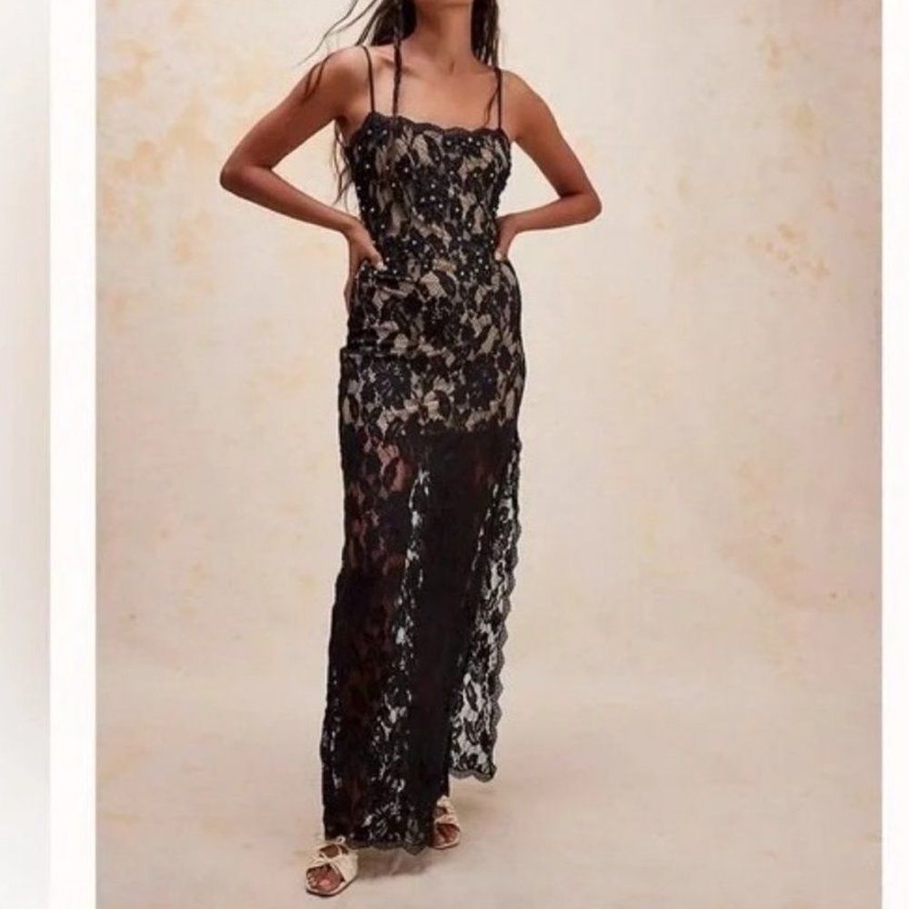 Free People x Hemant & Nandita Reet Embellished Lace Slip Midi Dress Black NWOT